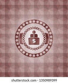 man working on computer icon inside red emblem with geometric background. Seamless.