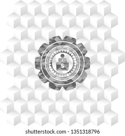 man working on computer icon inside grey emblem with cube white background