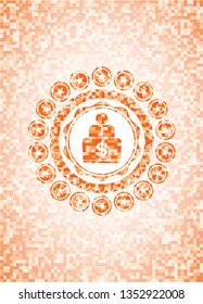 man working on computer icon inside abstract emblem, orange mosaic background