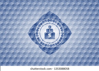 man working on computer icon inside blue badge with geometric background.