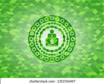 man working on computer icon inside green emblem. Mosaic background
