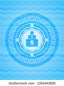 man working on computer icon inside water concept badge.