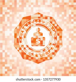 man working on computer icon inside abstract emblem, orange mosaic background