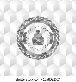 man working on computer icon inside grey emblem with geometric cube white background