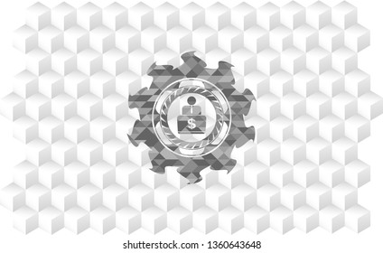 man working on computer icon inside grey emblem. Retro with geometric cube white background