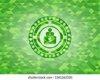 man working on computer icon inside green emblem with mosaic background