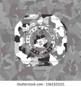man working on computer icon on grey camo pattern