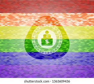 man working on computer icon inside emblem on mosaic background with the colors of the LGBT flag