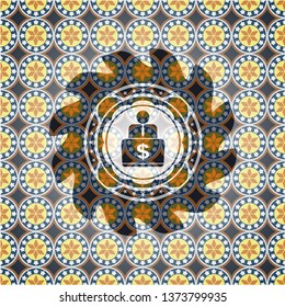 man working on computer icon inside arabic style emblem. Arabesque decoration.