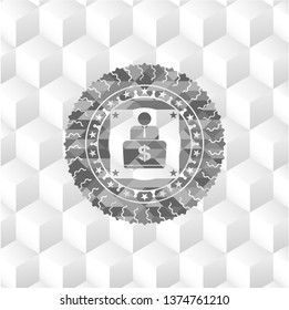 man working on computer icon inside grey emblem. Vintage with geometric cube white background