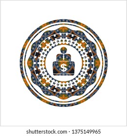 man working on computer icon inside arabic style emblem. Arabesque decoration.
