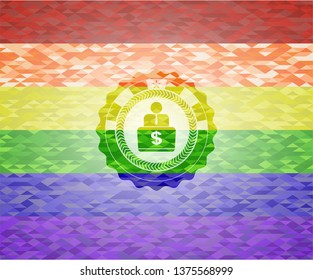 man working on computer icon inside emblem on mosaic background with the colors of the LGBT flag