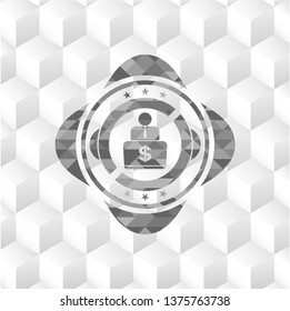 man working on computer icon inside grey emblem with geometric cube white background