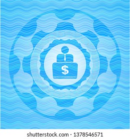 man working on computer icon inside water wave representation style badge.
