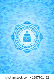 man working on computer icon inside light blue mosaic emblem
