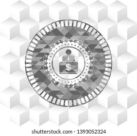 man working on computer icon inside grey badge with geometric cube white background