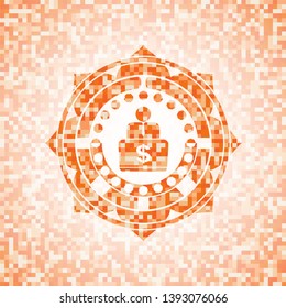 man working on computer icon inside orange tile background illustration. Square geometric mosaic seamless pattern with emblem inside.