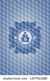 man working on computer icon inside blue emblem with geometric pattern.