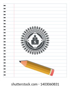 man working on computer icon drawn in pencil. Vector Illustration. Detailed.
