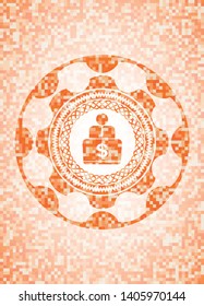 man working on computer icon inside orange mosaic emblem with background