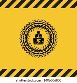 man working on computer icon black grunge emblem, yellow warning sign. Vector Illustration. Detailed.