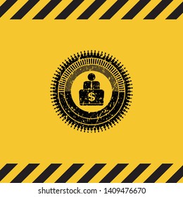 man working on computer icon black grunge emblem with yellow background. Vector Illustration. Detailed.