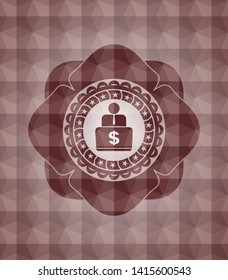 man working on computer icon inside red seamless geometric pattern emblem. Seamless.