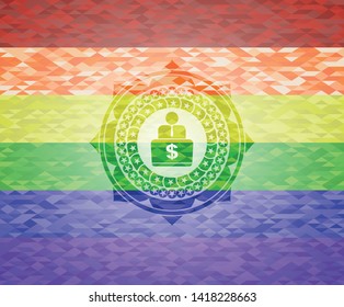 man working on computer icon on mosaic background with the colors of the LGBT flag