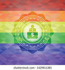 man working on computer icon on mosaic background with the colors of the LGBT flag