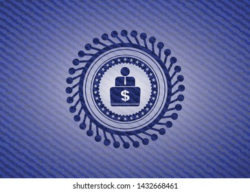 man working on computer icon inside badge with denim background