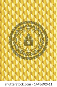 man working on computer icon inside shiny golden badge. Scales pattern. Vector Illustration. Detailed.