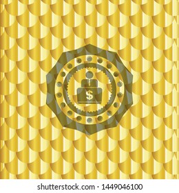 man working on computer icon inside gold emblem or badge. Scales pattern. Vector Illustration. Detailed.