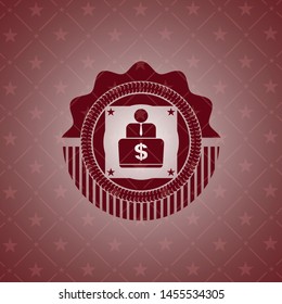 man working on computer icon inside red emblem. Vintage.