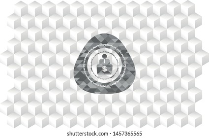 man working on computer icon inside grey emblem. Vintage with geometric cube white background