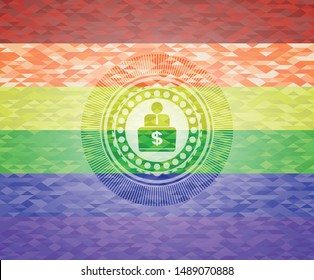 man working on computer icon inside emblem on mosaic background with the colors of the LGBT flag