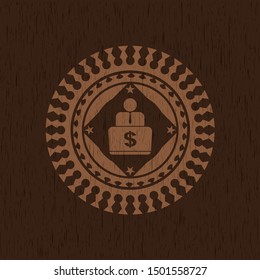 man working on computer icon inside wood emblem. Retro