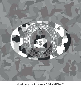 man working on computer icon on grey camo texture