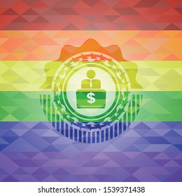 man working on computer icon inside emblem on mosaic background with the colors of the LGBT flag