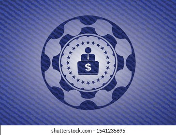 man working on computer icon inside emblem with denim high quality background