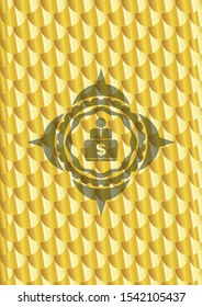 man working on computer icon inside golden emblem. Scales pattern. Vector Illustration. Detailed.
