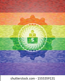 man working on computer icon on mosaic background with the colors of the LGBT flag