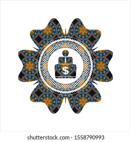 man working on computer icon inside arabesque badge. arabic decoration.