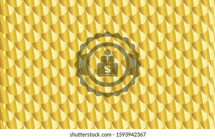 man working on computer icon inside gold shiny badge. Scales pattern. Vector Illustration. Detailed.