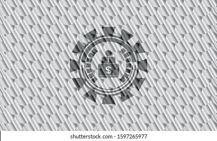 man working on computer icon inside silver emblem or badge. Scales pattern. Vector Illustration. Detailed.