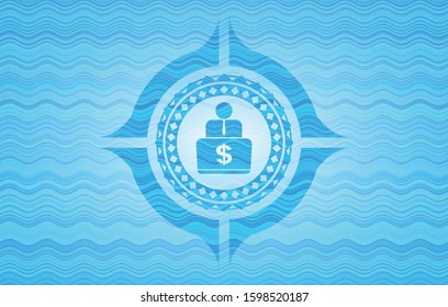 man working on computer icon inside water wave representation style badge.