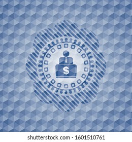 man working on computer icon inside blue emblem or badge with abstract geometric polygonal pattern background.