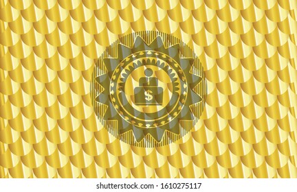 man working on computer icon inside golden emblem. Scales pattern. Vector Illustration. Detailed.