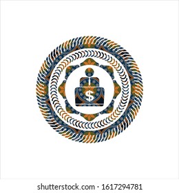 man working on computer icon inside arabic style emblem. Arabesque decoration.