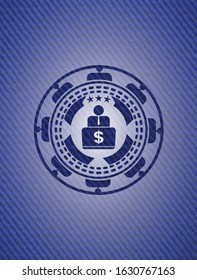 man working on computer icon inside emblem with jean background