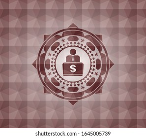 man working on computer icon inside red polygonal badge. Seamless.
